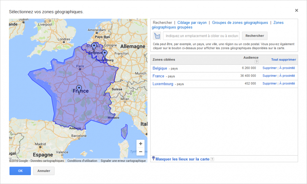 exemple de sélection de zones géographiques sur Google adwords
